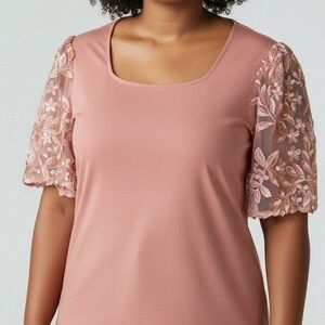 Chico's Top Women 3 XL Coral Square Neck Embroidered Sleeve Spring Easter Office